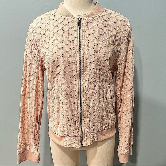 Sanctuary Blush Cameo Pink 100% Cotton Eyelet Bomber Lightweight Jacket Large - Picture 2 of 9